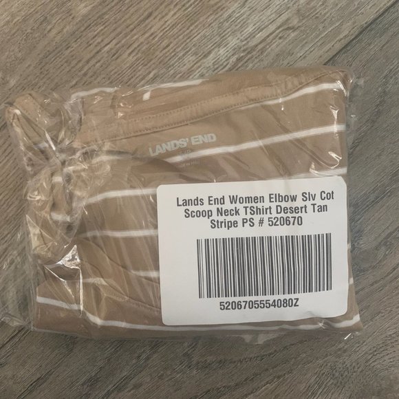 NWT LANDS' END WOMENS ELBOW SLEEVE COTTON SCOOP NECK SHIRT DESERT TAN STRIPE PS - Picture 2 of 5